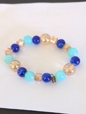 Turquoise & Cobalt Glass Bead Stretch Bracelet with Gold Accents